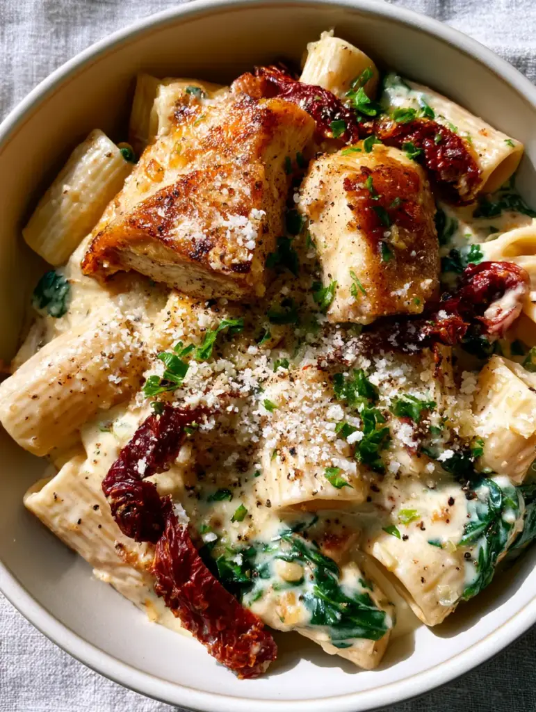 Top-down view of a matte-white bowl filled with creamy chicken pasta garnished with micro-planed parmesan and parsley.