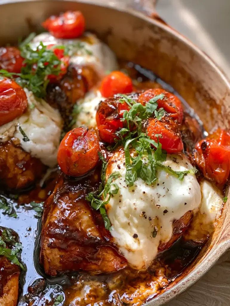 High angle shot of a cast iron skillet with One Pan Balsamic Chicken, blistered tomatoes, and fresh basil.
