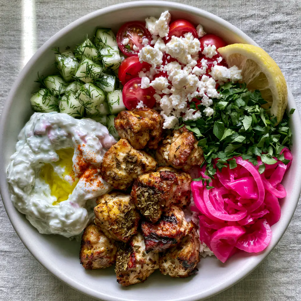 Greek chicken tzatziki bowls with Charred Oregano Chicken and Pickled Onions 1 A deconstructed grain bowl with diced Persian cucumbers, halved cherry tomatoes, and bright pink pickled onions.