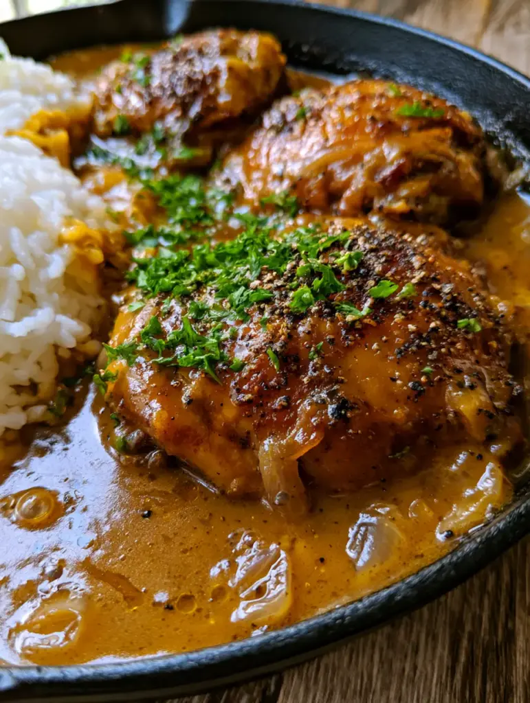 Southern Smothered Chicken With Rich Onion Gravy 1 Southern Smothered Chicken thighs served next to steaming fluffy white rice soaking up the thick brown gravy.