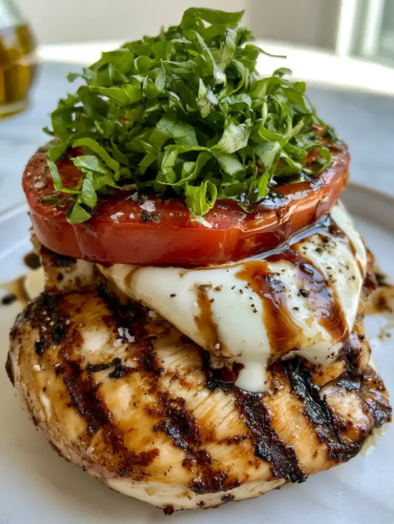 Close up of melted white mozzarella and emerald green basil on Grilled Chicken Caprese.