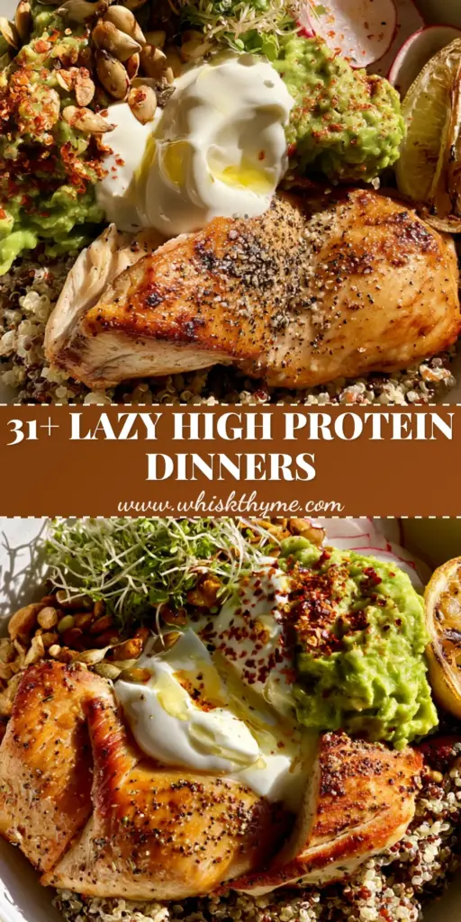 High Protein Clean Eating Dinners: Lemon Garlic Chicken Power Bowls 4 A vibrant high protein power bowl featuring pan-seared chicken, tri-color quinoa, and avocado mash. (high protein clean eating dinners)
