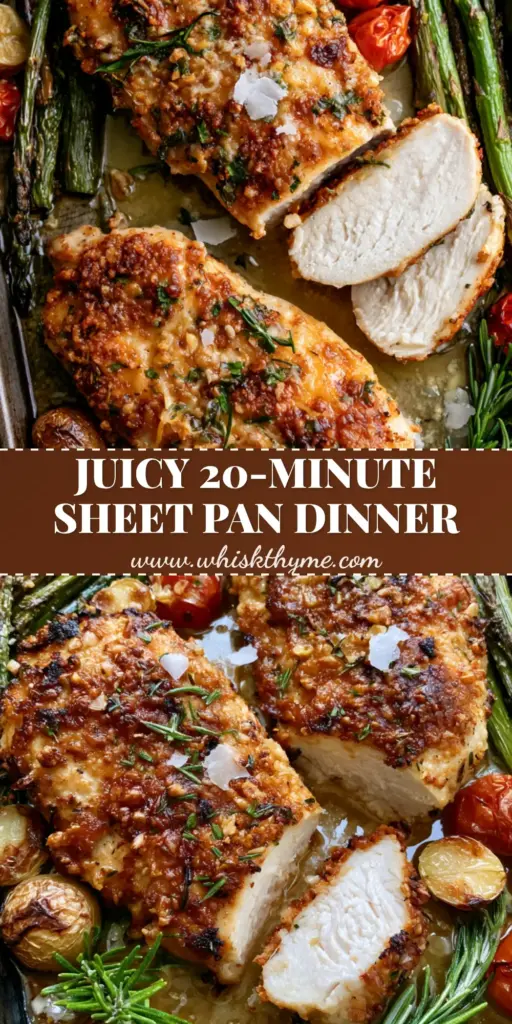 Herb-Crusted Chicken with Roasted Garlic Butter Vegetables 3 A top-down view of a sheet pan featuring herb-crusted chicken with a golden-brown parmesan crust, charred asparagus, and blistered tomatoes. (herb-crusted chicken)