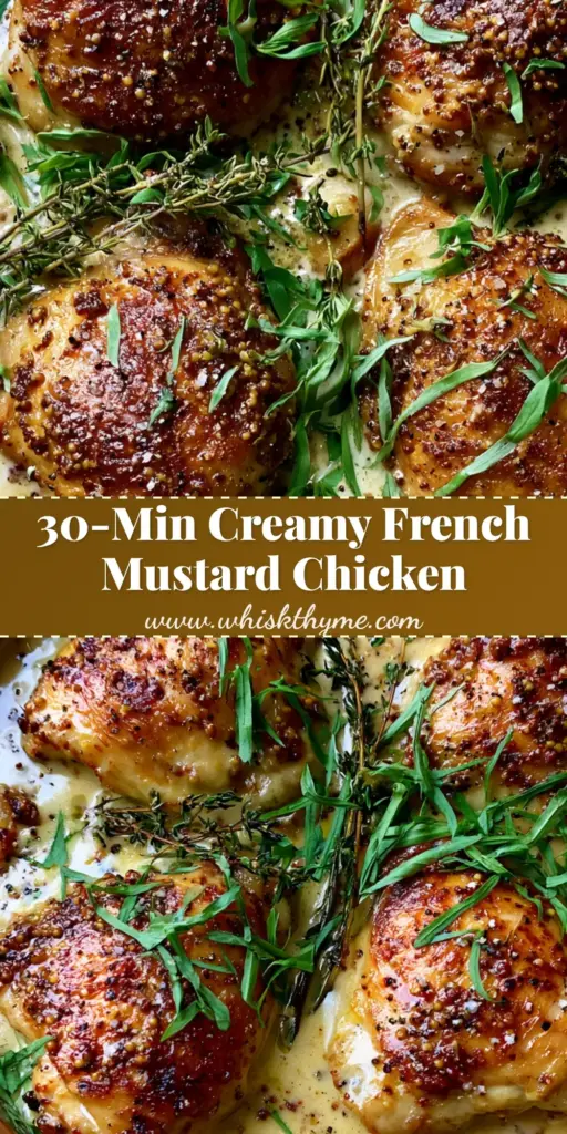 French Mustard Chicken with Creamy Dijon and Fresh Tarragon 4 A close-up of French Mustard Chicken in a copper skillet featuring golden-brown skin-on chicken thighs in a thick creamy Dijon sauce with whole grain mustard seeds and tarragon.