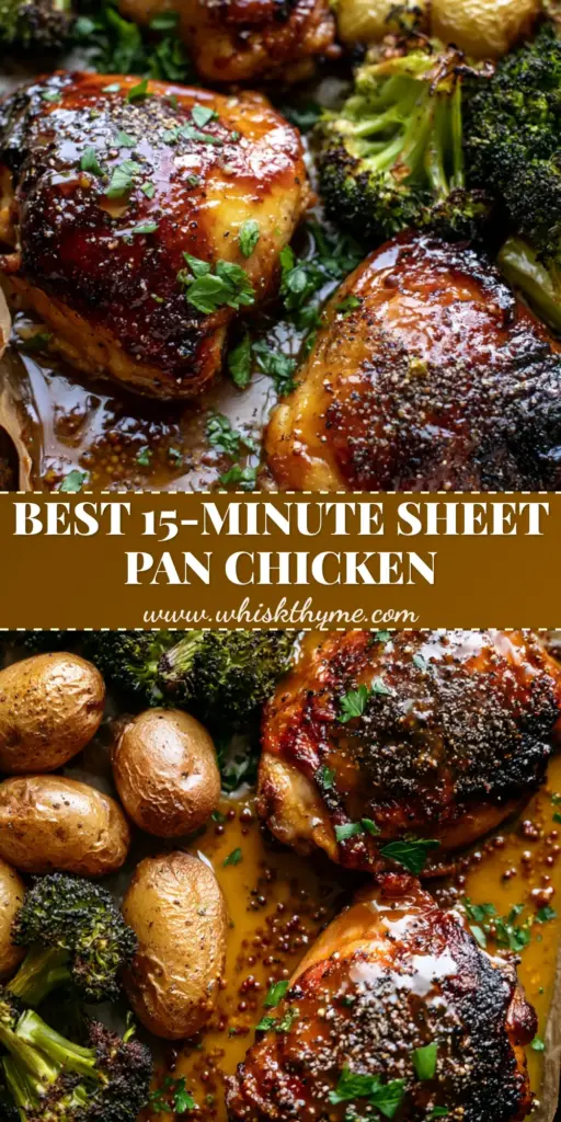 Honey Mustard Chicken Sheet Pan Dinner with Blistered Broccoli 3 A rustic sheet pan featuring glazed Honey Mustard Chicken thighs with charred skin, roasted baby gold potatoes, and blistered broccoli florets on crumpled parchment paper.