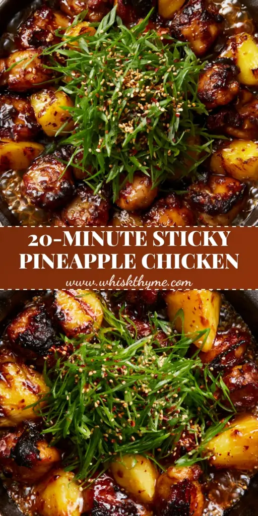 Sticky Pineapple Chicken with Mahogany Soy-Ginger Glaze 3 A top-down macro shot of Sticky Pineapple Chicken in a black cast iron skillet featuring charred chicken thighs and caramelized pineapple in a mahogany glaze.