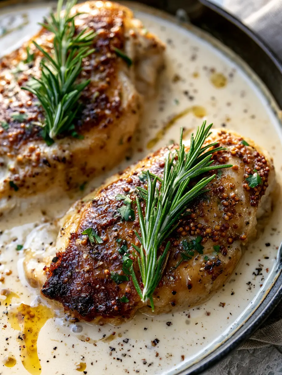 Juicy seared chicken breasts resting in a glossy ivory dijon sauce with golden oil droplets and fresh herbs. (creamy rosemary dijon chicken)