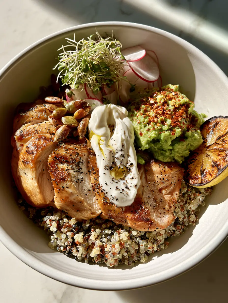 High Protein Clean Eating Dinners: Lemon Garlic Chicken Power Bowls 3 Close up photo of thick-cut pan-seared chicken breast with golden caramelized edges and cracked black pepper. (high protein clean eating dinners)