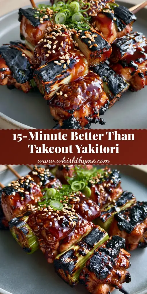 Chicken Yakitori (Negima) with Glossy Dark Mahogany Tare Sauce 3 Five Japanese Chicken Yakitori skewers on a grey plate with mahogany sauce and sesame seeds.