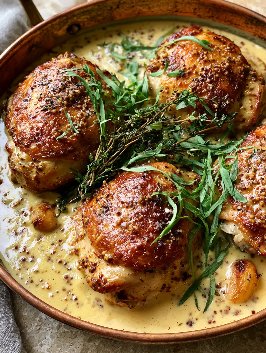 French Mustard Chicken with Creamy Dijon and Fresh Tarragon 3 Overhead view of pan-seared skin-on French Mustard Chicken thighs garnished with fresh tarragon and cracked black pepper.