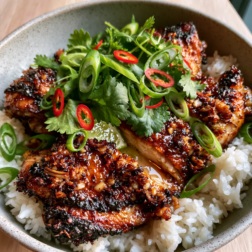 Slicing air-fried lemongrass chicken thighs to reveal juicy meat and crispy skin.