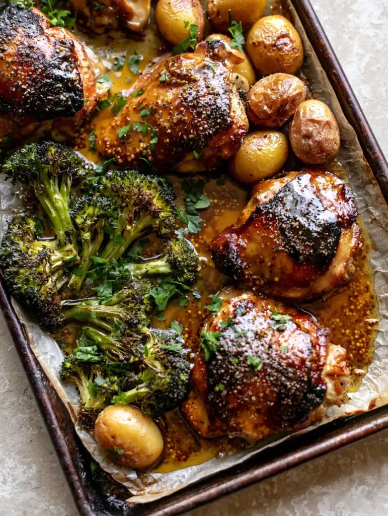 Honey Mustard Chicken Sheet Pan Dinner with Blistered Broccoli 2 Close-up of Honey Mustard Chicken thighs showing thick amber glaze and visible whole grain mustard seeds next to roasted potatoes.