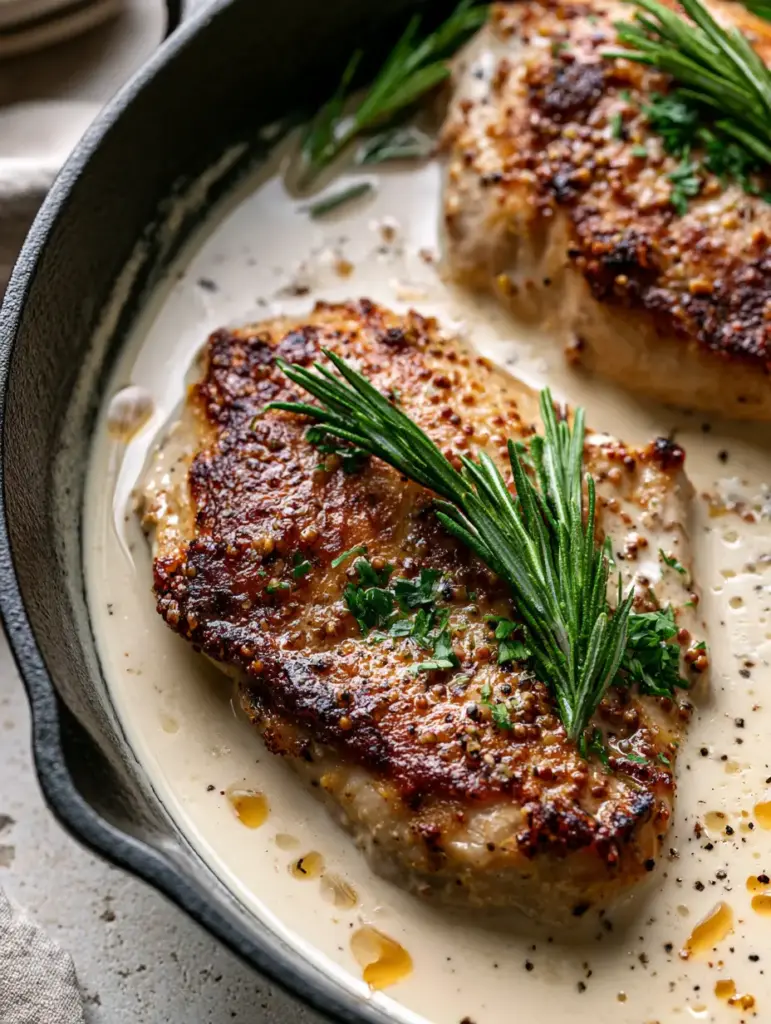 Close up of whole grain mustard seeds and cracked black pepper in a thick ivory cream sauce for creamy rosemary dijon chicken.
