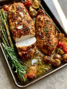 Slices of juicy white herb-crusted chicken showing the thick parmesan and rosemary crust next to roasted potatoes and asparagus. (herb-crusted chicken)