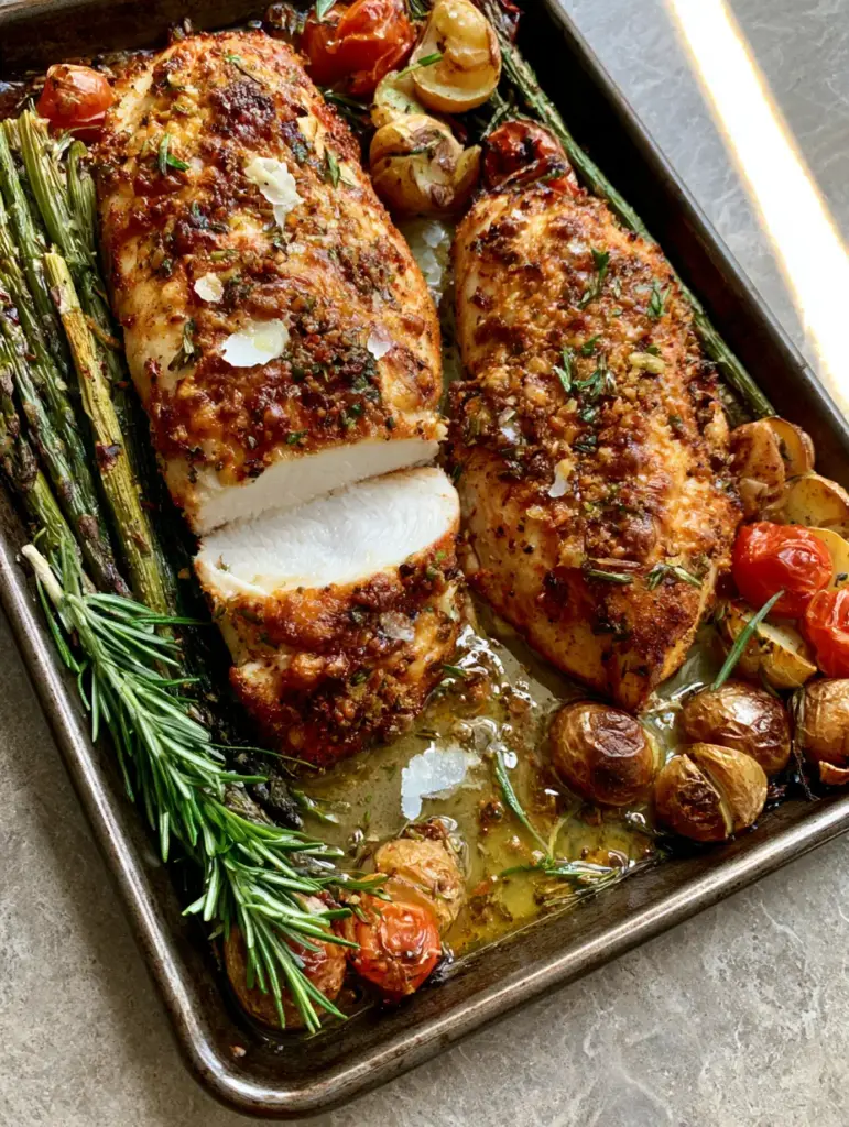 Herb-Crusted Chicken with Roasted Garlic Butter Vegetables 2 Slices of juicy white herb-crusted chicken showing the thick parmesan and rosemary crust next to roasted potatoes and asparagus. (herb-crusted chicken)