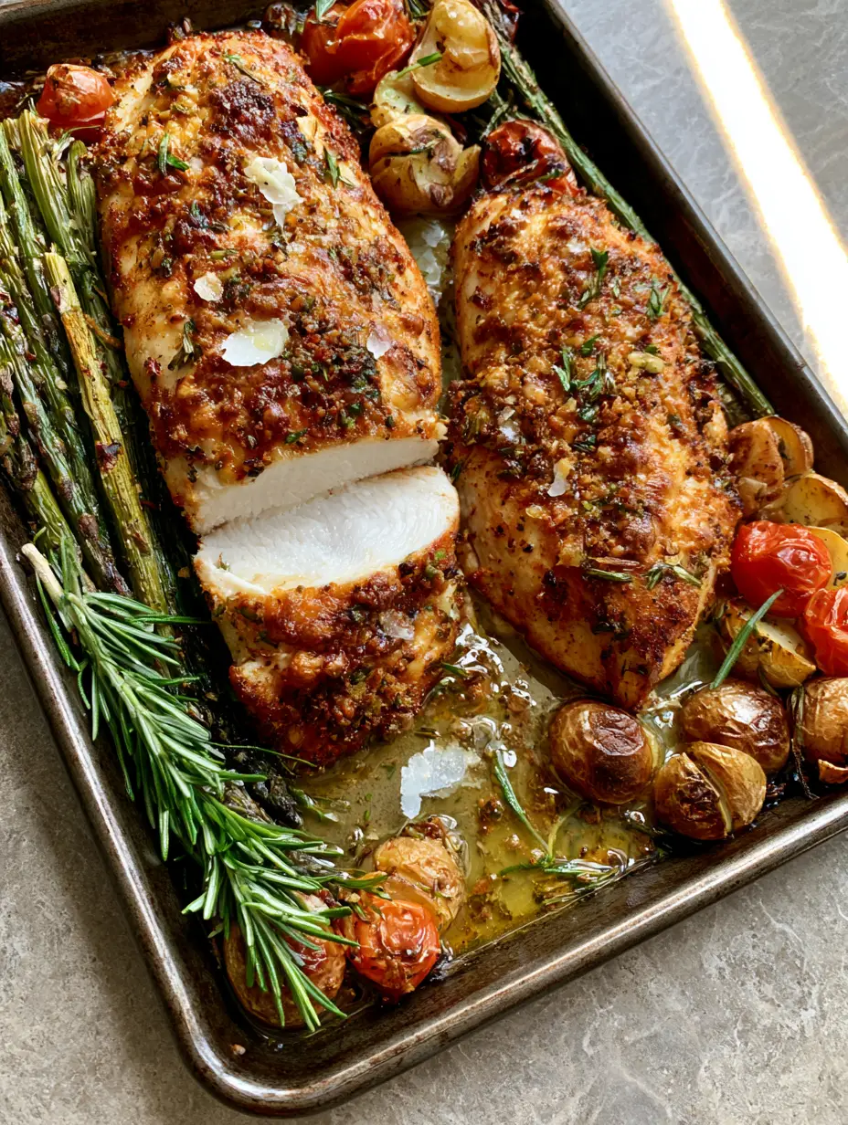 Herb-Crusted Chicken with Roasted Garlic Butter Vegetables 4 Slices of juicy white herb-crusted chicken showing the thick parmesan and rosemary crust next to roasted potatoes and asparagus. (herb-crusted chicken)