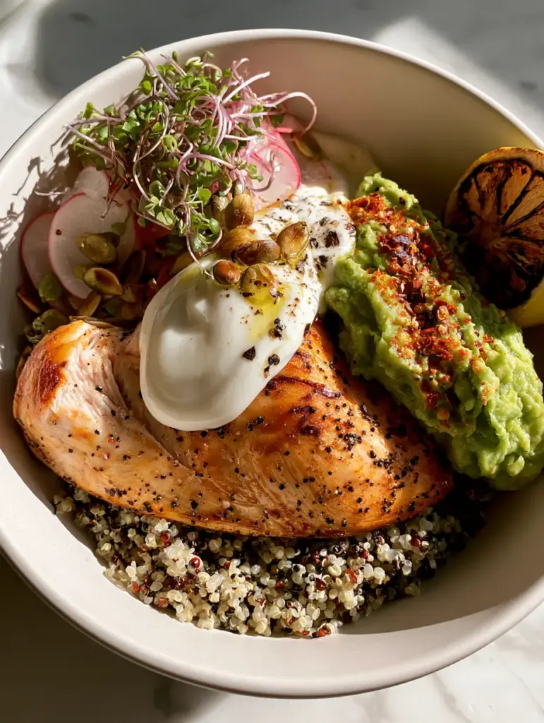 High Protein Clean Eating Dinners: Lemon Garlic Chicken Power Bowls 1 A top-down view of a high protein clean eating dinner bowl with tri-color quinoa, microgreens, and radishes.