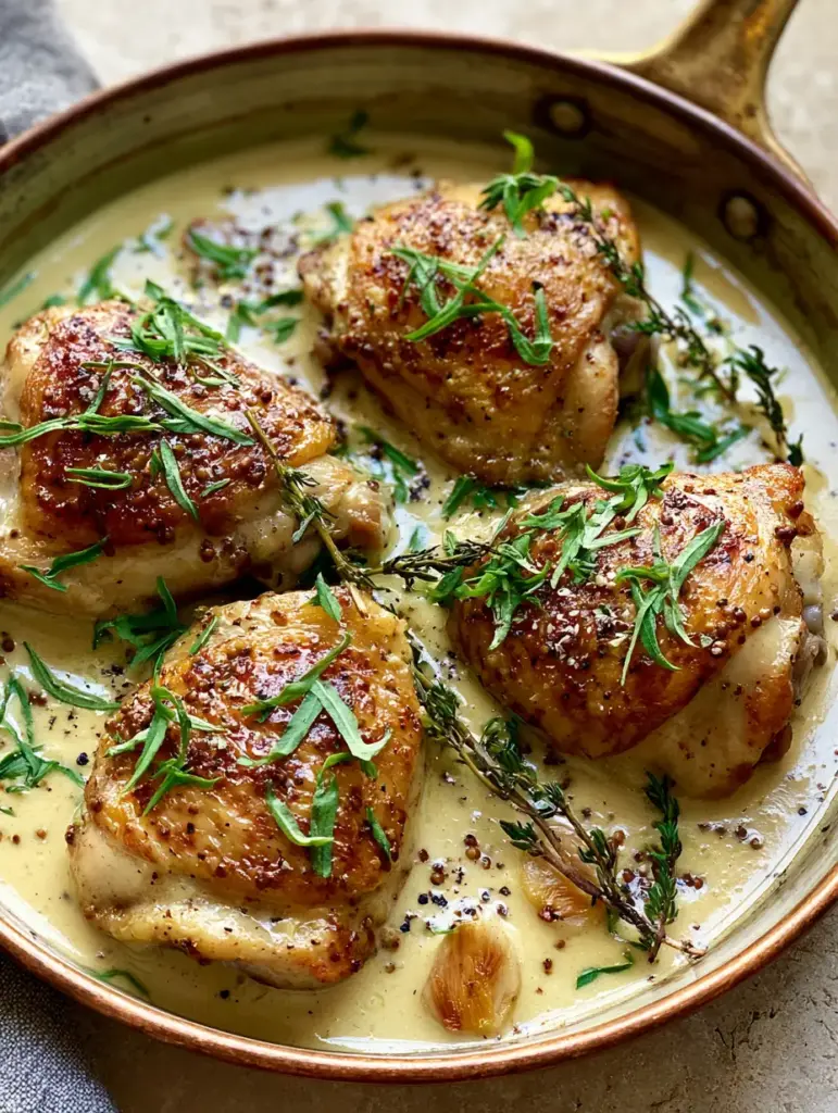 French Mustard Chicken with Creamy Dijon and Fresh Tarragon 1 Close-up of the thick creamy Dijon sauce with visible whole grain mustard seeds and softened caramelized garlic cloves.