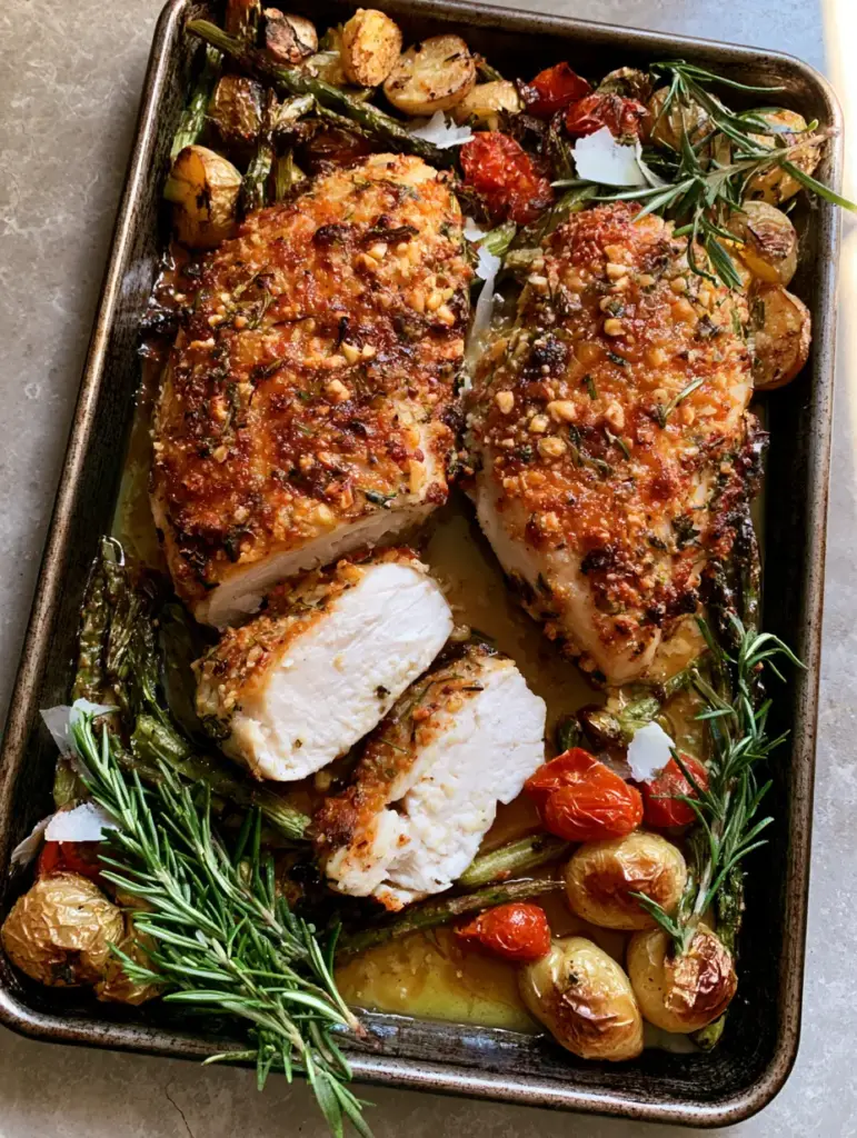 Herb-Crusted Chicken with Roasted Garlic Butter Vegetables 1 A rustic sheet pan fresh from the oven with herb-crusted chicken, blistered cherry tomatoes, and crispy baby potatoes.