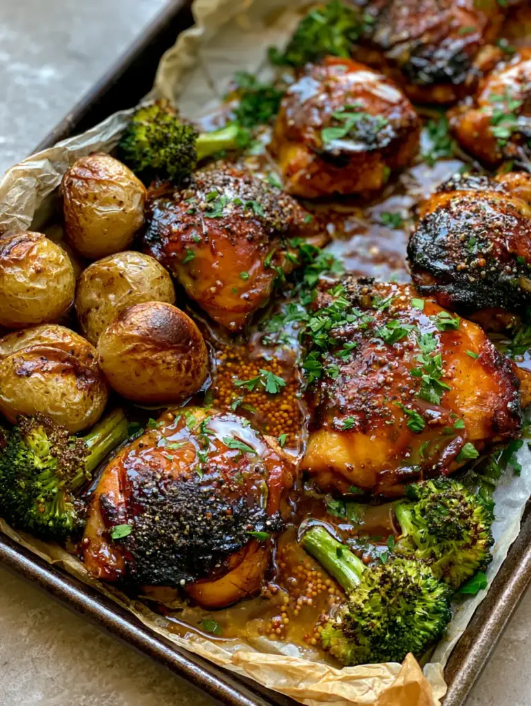 Honey Mustard Chicken Sheet Pan Dinner with Blistered Broccoli 1 Top-down view of a sheet pan meal with Honey Mustard Chicken, charred broccoli, and parsley garnish on dark metal.