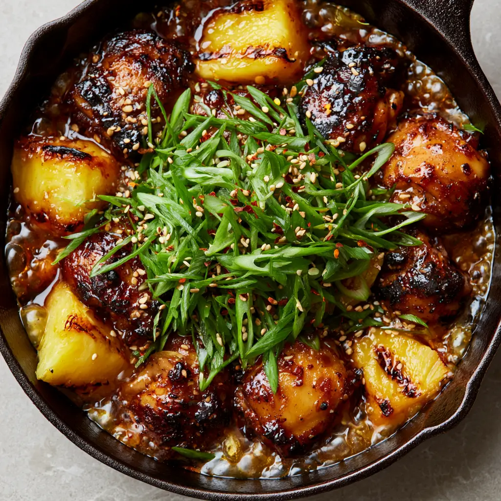 Sticky Pineapple Chicken with Mahogany Soy-Ginger Glaze 1 Sticky Pineapple Chicken garnished with vibrant green scallions and toasted white sesame seeds in a cast iron pan.