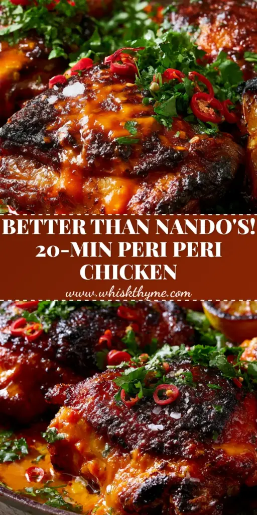 A close-up shot of Peri Peri Chicken thighs in a skillet with charred lemons and red chilies.