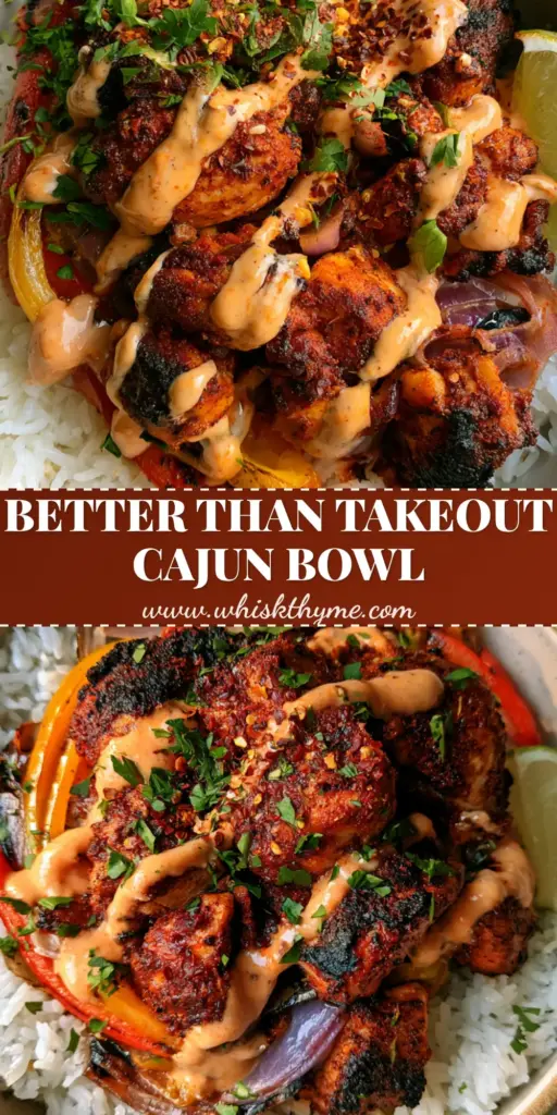 Cajun Chicken Rice Bowl with Creamy Remoulade Drizzle 4 A ceramic bowl filled with a Cajun chicken rice bowl featuring charred chicken, fluffy jasmine rice, and a creamy orange remoulade drizzle.