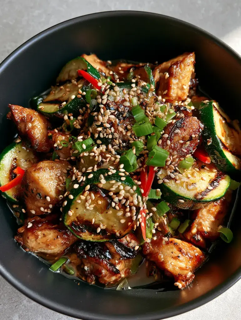 Zucchini Stir Fry with Garlic Ginger Chicken (Healthy & Fast) 2 Top-down macro shot of zucchini stir fry showing charred zucchini and glistening garlic chicken. (zucchini stir fry)