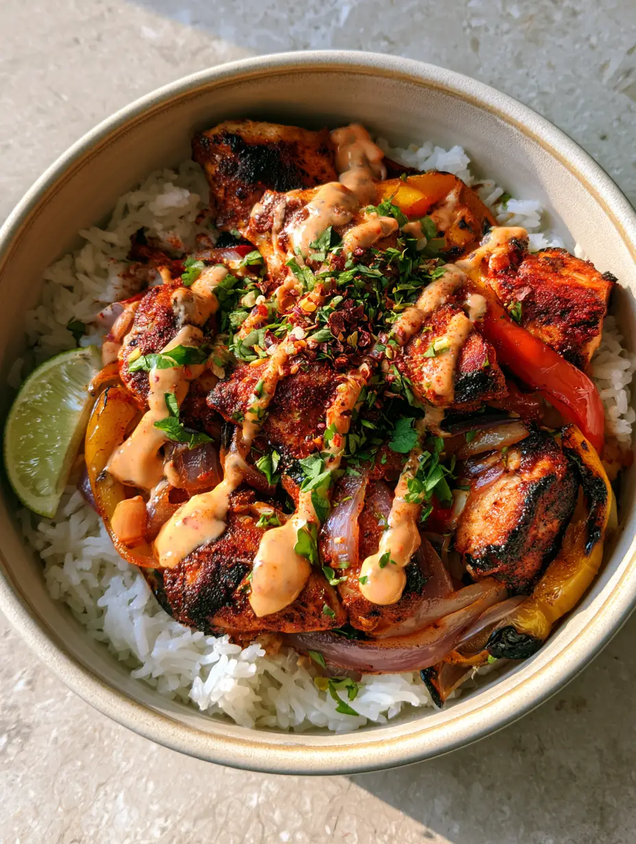 Cajun Chicken Rice Bowl with Creamy Remoulade Drizzle 3 Top-down view of a Cajun chicken rice bowl with blackened chicken chunks and sautéed bell peppers on a grey countertop.