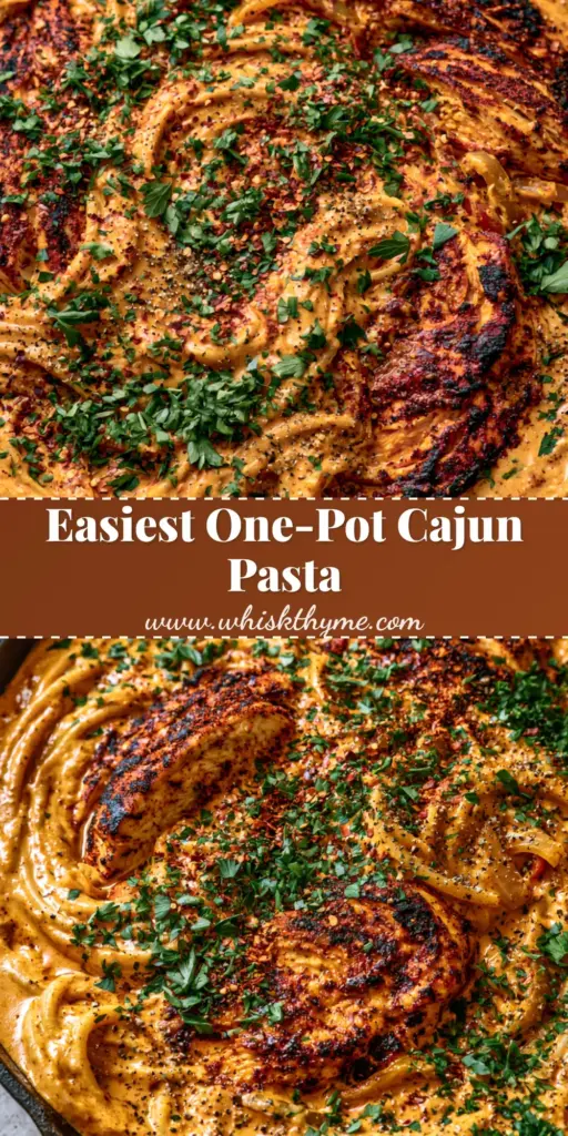 Creamy Cajun Chicken Spaghetti: A Velvety One-Pan Dinner 3 An overhead shot of Creamy Cajun Chicken Spaghetti in a black skillet with orange sauce, blackened chicken, and parsley garnish.