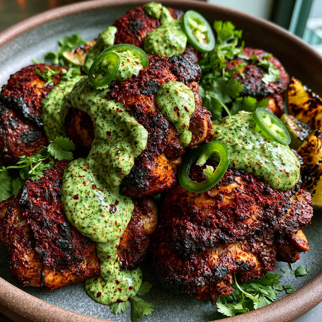 Peruvian Grilled Chicken with Creamy Aji Verde Sauce 2 Close-up shot of peruvian grilled chicken thighs with crispy skin seasoned with dark red spices and smoky char marks.