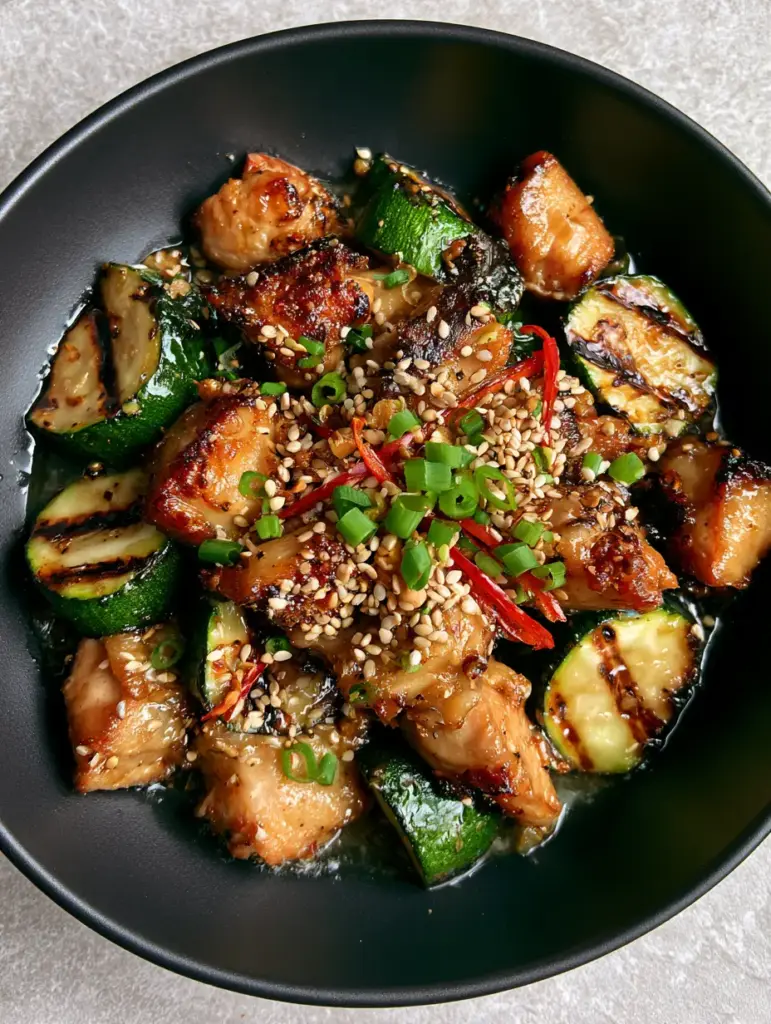 Zucchini Stir Fry with Garlic Ginger Chicken (Healthy & Fast) 1 Close up of seared chicken breast chunks and vibrant zucchini with red chili garnishes. (zucchini stir fry)