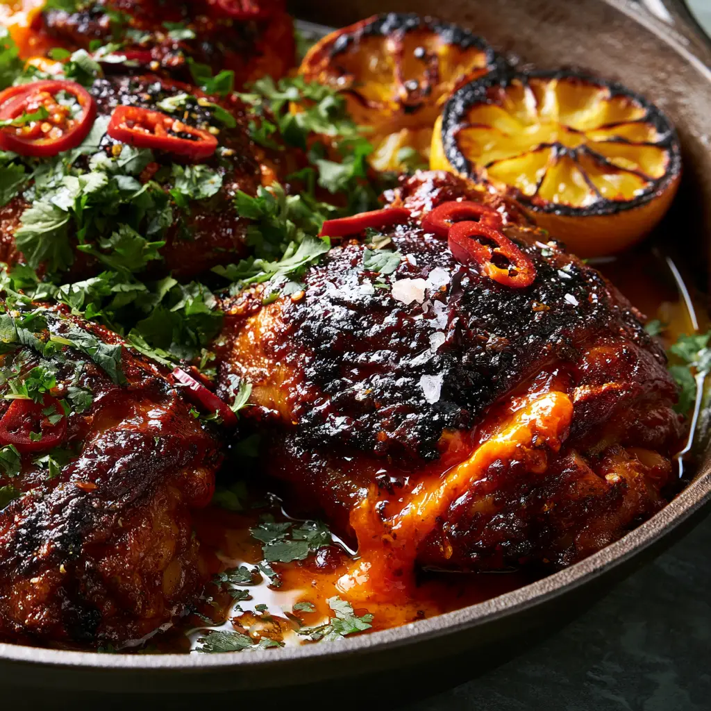 Deeply seared peri peri chicken skin with charred edges and caramelized lemon halves in a cast iron skillet.