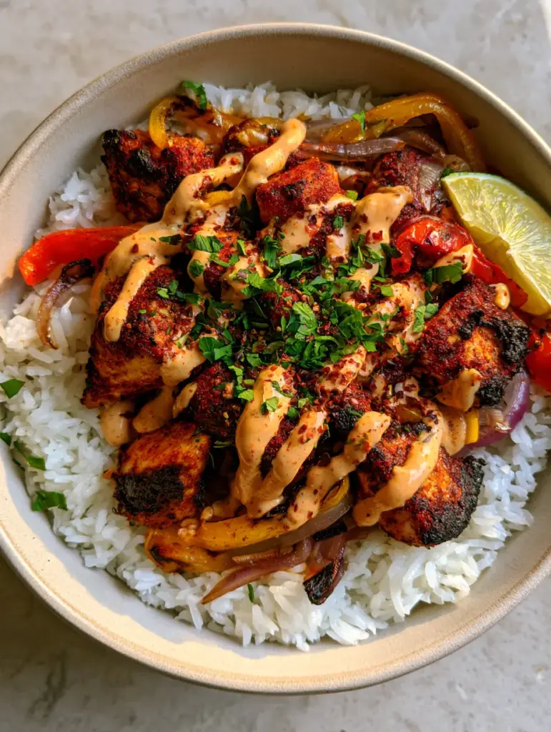 Cajun Chicken Rice Bowl with Creamy Remoulade Drizzle 1 Close up of creamy orange-tinted remoulade sauce drizzled over a Cajun chicken rice bowl.