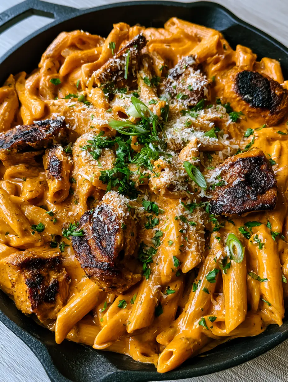 One-pot Creamy Cajun Chicken Pasta (Easy 30-Minute Dinner) 3 Close up of One-pot creamy Cajun chicken pasta showing glossy orange sauce and blackened chicken edges in a cast iron skillet.