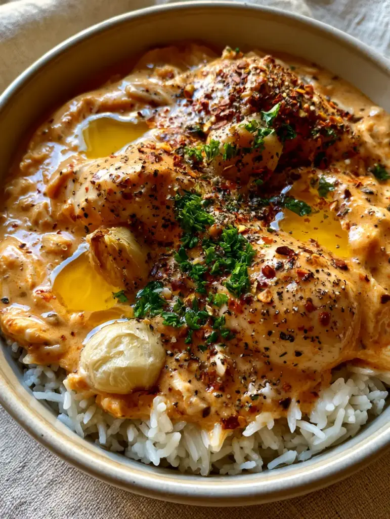 Crockpot Cajun Butter Chicken: The Ultimate Creamy Slow Cooker Dinner 2 Top-down macro photo of a ceramic bowl of Crockpot Cajun Butter Chicken showing glossy orange sauce and melted garlic butter.