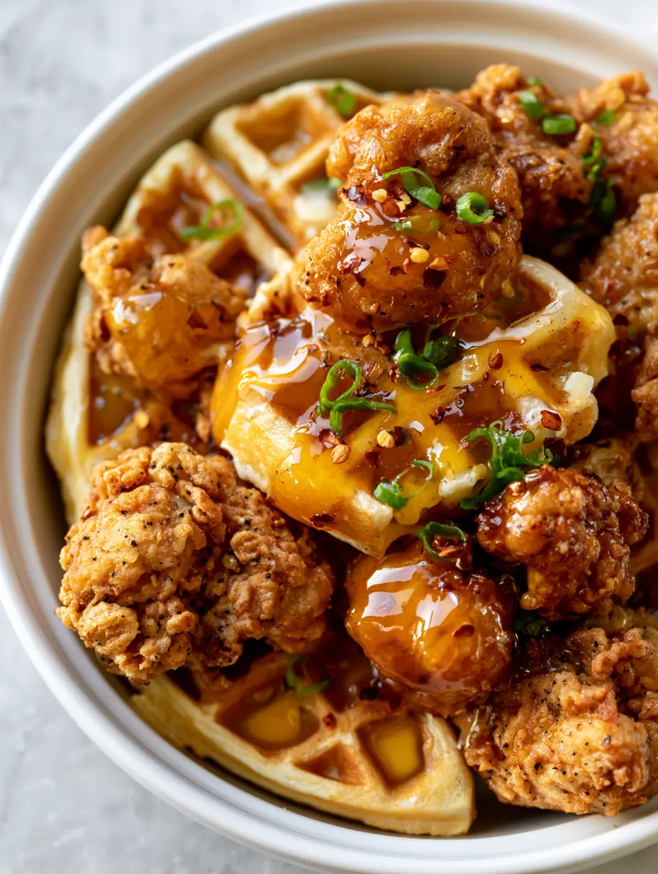 High-angle view of chicken and waffles in a white baking dish on marble, highlighting the craggy buttermilk chicken breading and visible black pepper specks.