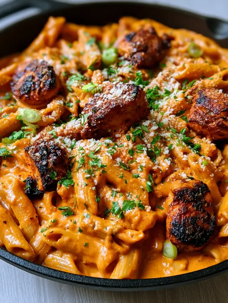 One-pot Creamy Cajun Chicken Pasta (Easy 30-Minute Dinner) 1 Top down view of One-pot creamy Cajun chicken pasta garnished with fresh parsley and sliced green onions.