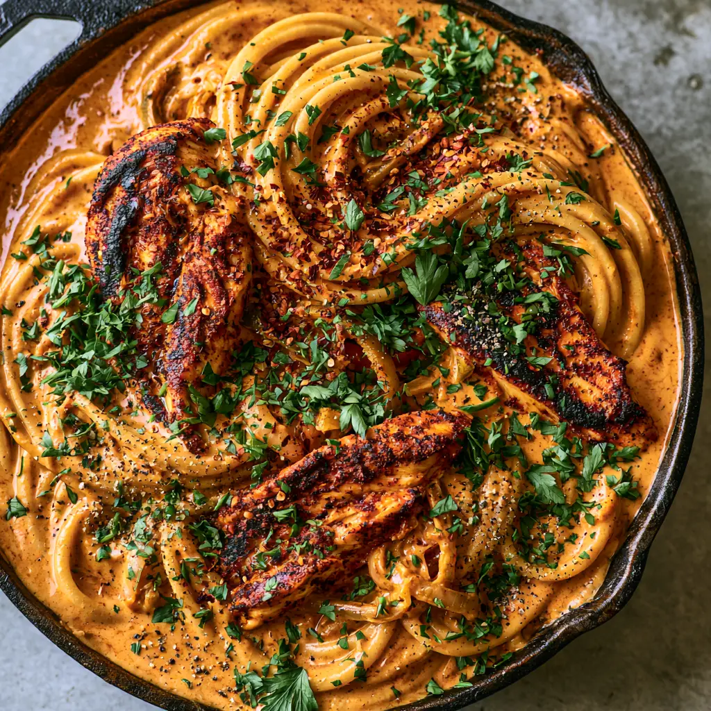 Creamy Cajun Chicken Spaghetti: A Velvety One-Pan Dinner 1 Rustic overhead view of a black cast iron skillet filled with Creamy Cajun Chicken Spaghetti garnished with red chili flakes.