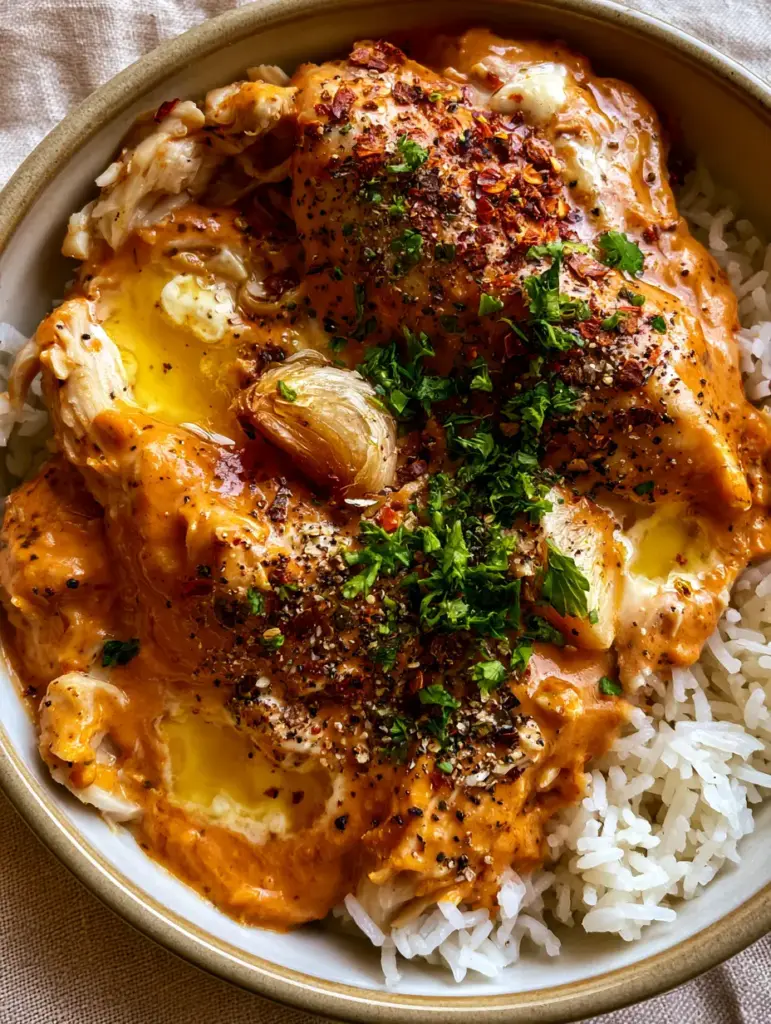 Crockpot Cajun Butter Chicken: The Ultimate Creamy Slow Cooker Dinner 1 Detailed shot of shredded Crockpot Cajun Butter Chicken topped with red pepper flakes and fresh parsley over basmati rice.