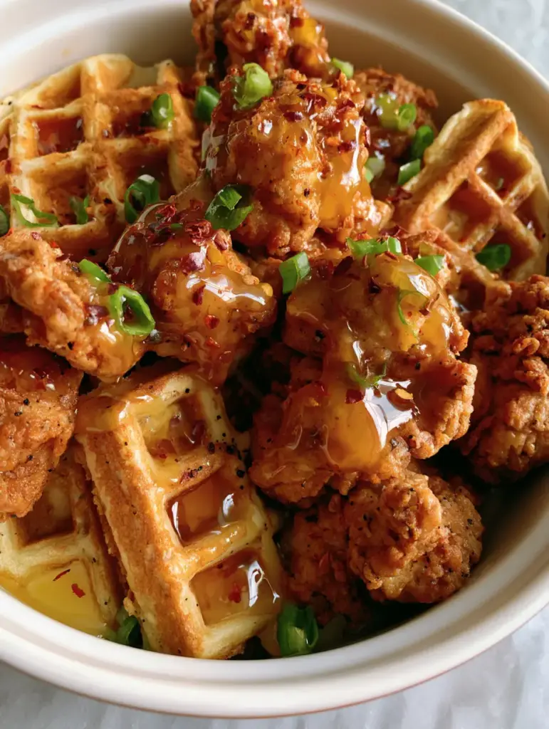 Extreme close-up of chicken and waffles showing melted butter glistening in waffle divots and translucent amber hot honey cascading over the dish.