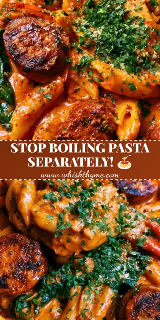 Cajun chicken sausage pasta: The Ultimate Creamy One-Pot Skillet 3 A vertical shot of Cajun chicken sausage pasta in a matte black skillet with a wooden spoon lifting a scoop of creamy penne.