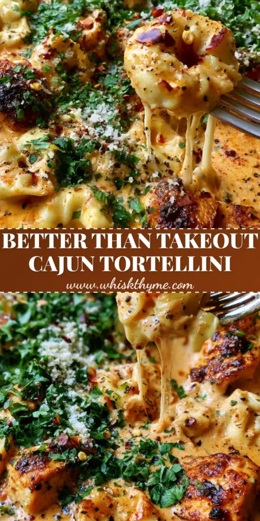 A silver fork lifting a cheese-filled tortellini from a cast iron skillet, showing a long gooey mozzarella cheese pull and thick orange sauce. (Cajun Chicken Tortellini)