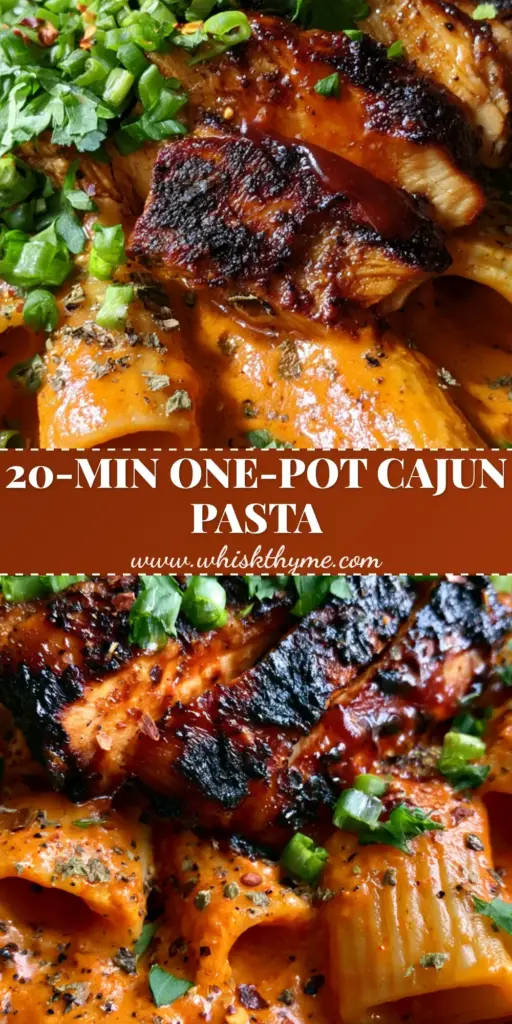 Cajun BBQ Chicken Pasta: The Ultimate Creamy One-Pot Dinner 3 A vertical photo showing a bowl of Cajun BBQ chicken pasta with rigatoni, orange sauce, and charred chicken strips.