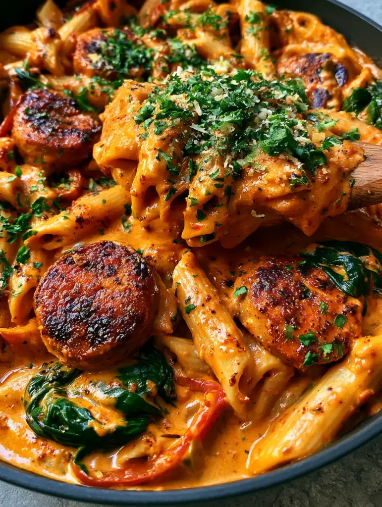 Cajun chicken sausage pasta: The Ultimate Creamy One-Pot Skillet 2 High-angle view of Cajun chicken sausage pasta showing glossy orange sauce and charred sausage rounds in a skillet.
