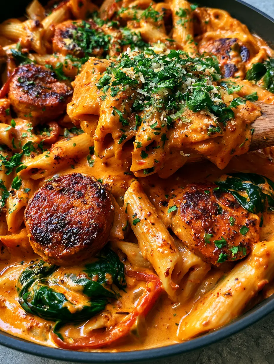 Cajun chicken sausage pasta: The Ultimate Creamy One-Pot Skillet 4 High-angle view of Cajun chicken sausage pasta showing glossy orange sauce and charred sausage rounds in a skillet.