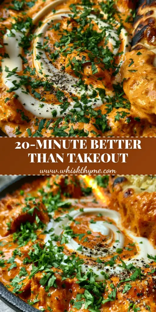 Butter Chicken Recipe: The Best Creamy Restaurant-Style Curry 4 A close-up shot of a Butter Chicken recipe in a black skillet with a cream spiral, fresh cilantro, and charred garlic naan.