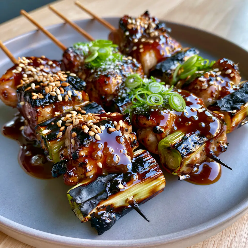 Chicken Yakitori (Negima) with Glossy Dark Mahogany Tare Sauce 2 Close up of grilled Chicken Yakitori showing deep char marks and bubbling glaze.