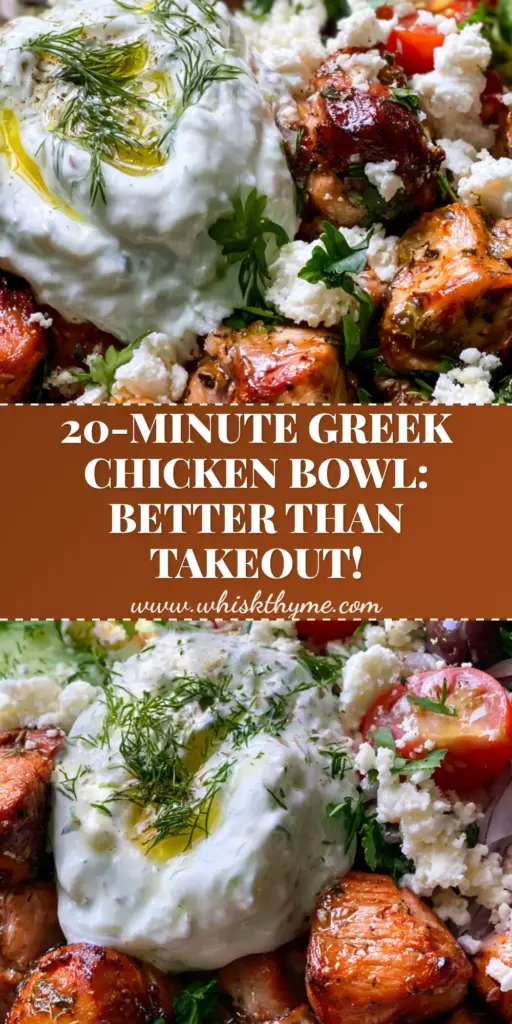 Greek chicken souvlaki bowls with Charred Lemon-Oregano Chicken 3 A rustic stoneware dish containing Greek chicken souvlaki bowls with charred chicken, creamy tzatziki, and fresh Mediterranean vegetables.