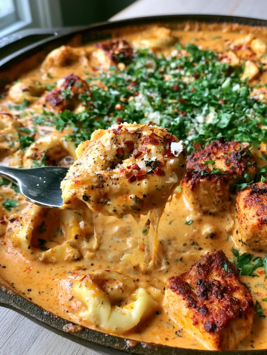 Extreme macro close-up of Cajun Chicken Tortellini in a rustic cast iron skillet with charred chicken and sunset-orange sauce.